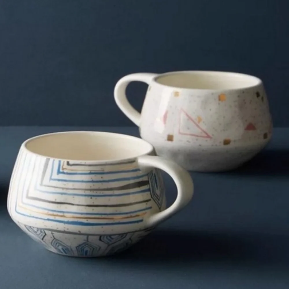 ANTHROPOLOGIE Oleanna blue gold MCM starburst geometric wide mug set soup tea